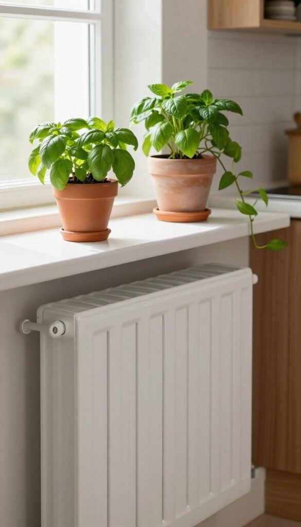Radiator cover with integrated plant shelf holding small herb pots in a bright kitchen