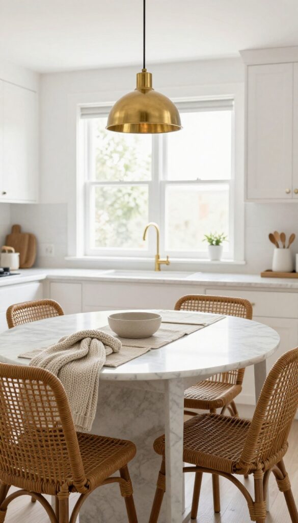 White marble table with rattan chairs in a bright kitchen