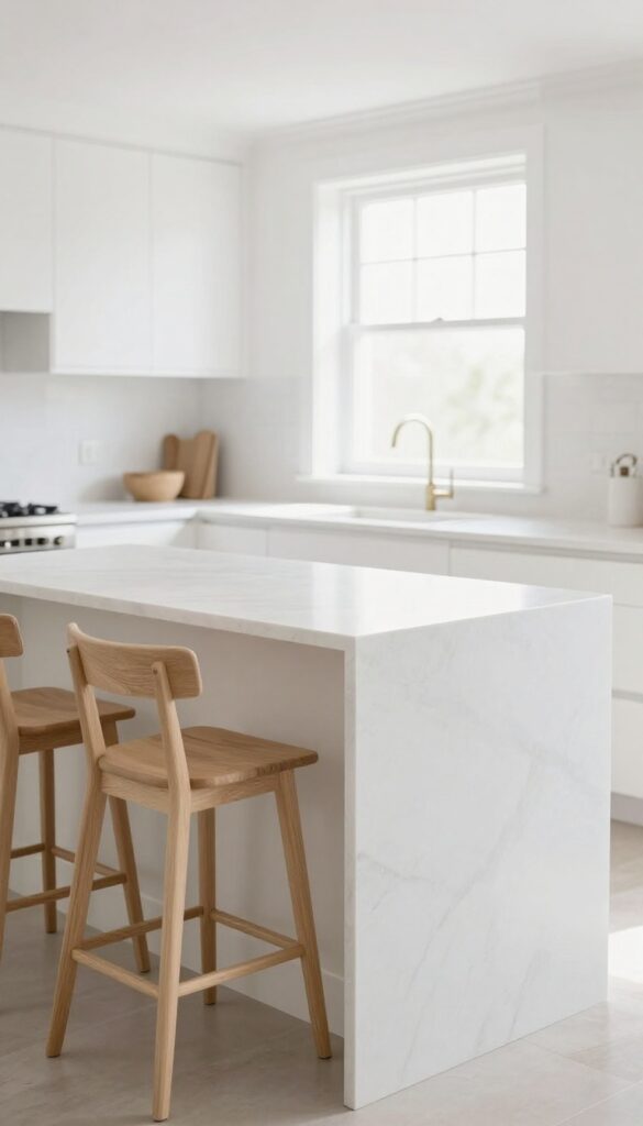 Light oak low-back stools with slatted design at a white marble kitchen island in a bright, airy kitchen