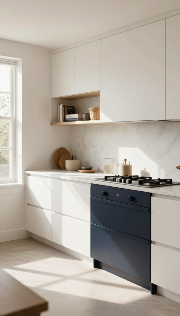 Two-tone kitchen with dark navy island and white perimeter cabinets, open shelves, and natural light