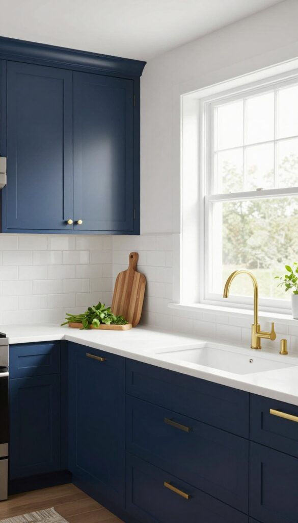 Modern kitchen with navy lower cabinets and white upper cabinets, brass hardware, and natural light