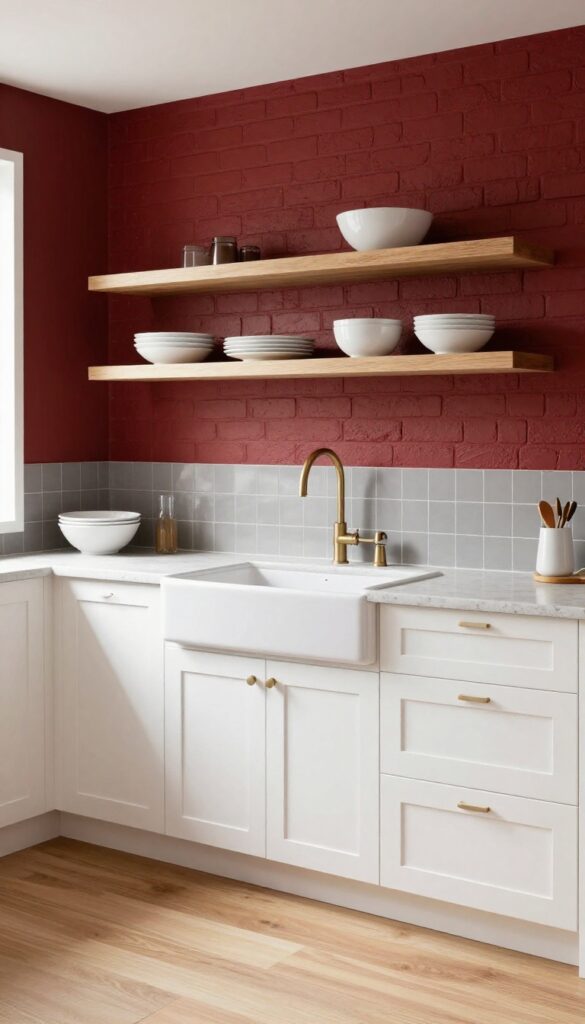 Bright kitchen with red accent wall behind sink, white cabinets, and open shelving