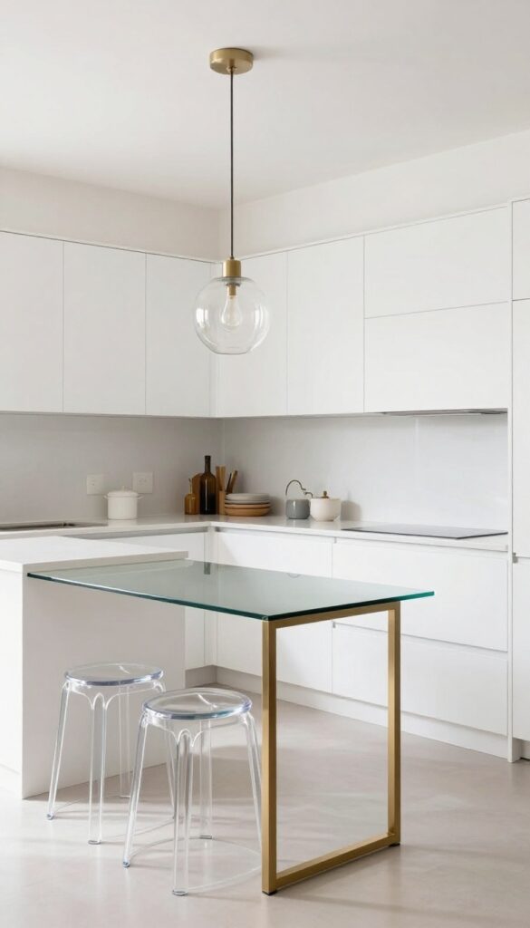 Modern kitchen with glass-top island and clear acrylic stools