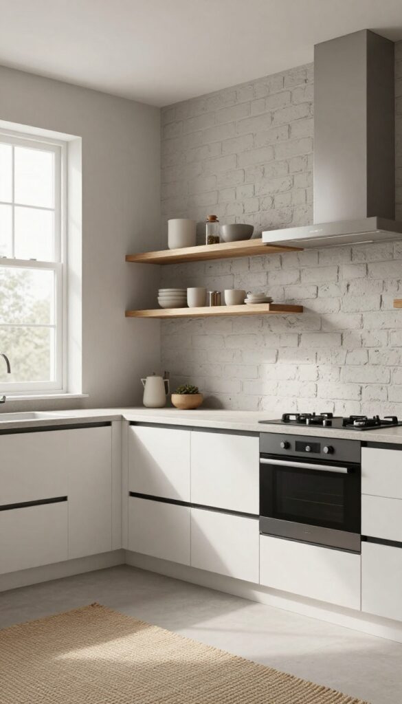 Modern kitchen with painted brick wall in soft neutral greige, sleek white cabinets, matte black hardware, warm wood shelves, stone countertops, natural light, woven rug
