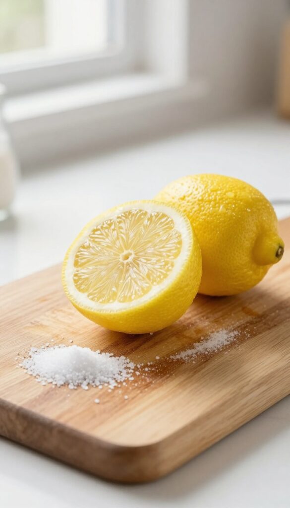 Close-up of a wooden cutting board being scrubbed with a lemon half coated in coarse salt, with bright natural light and clean kitchen background.
