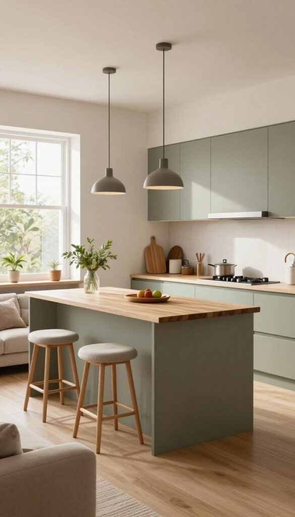A slim kitchen island with butcher block top and sage base, bar stools on one side, pendant lights above, in a bright open-plan small space.