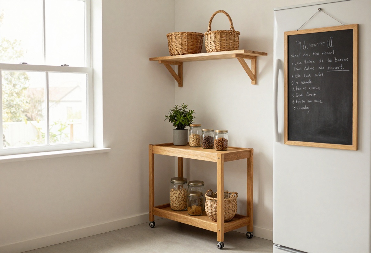 Cozy kitchen fridge corner with a rolling cart, plants, and chalkboard wall