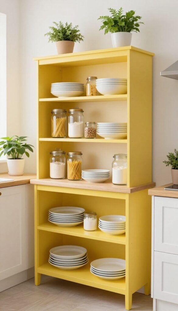 Bright kitchen with yellow open shelves holding white dishes and glass jars, fresh herbs on counter, natural light.