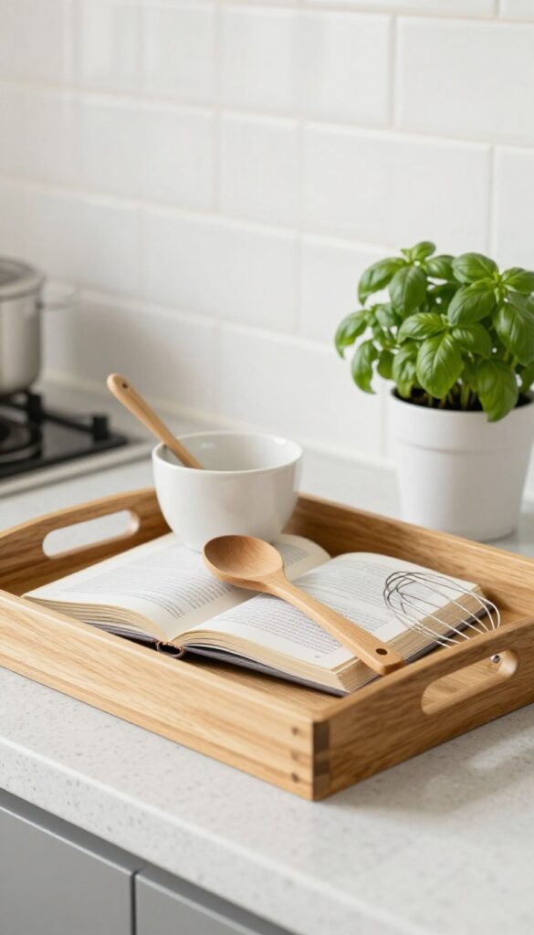Decorative tray on kitchen counter with cookbook, utensils in crock, and small basil plant