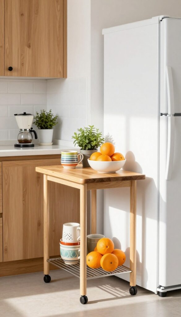 Slim rolling cart with butcher-block top in a small Indian kitchen, holding coffee maker, mugs, oranges, and herbs, between fridge and wall.