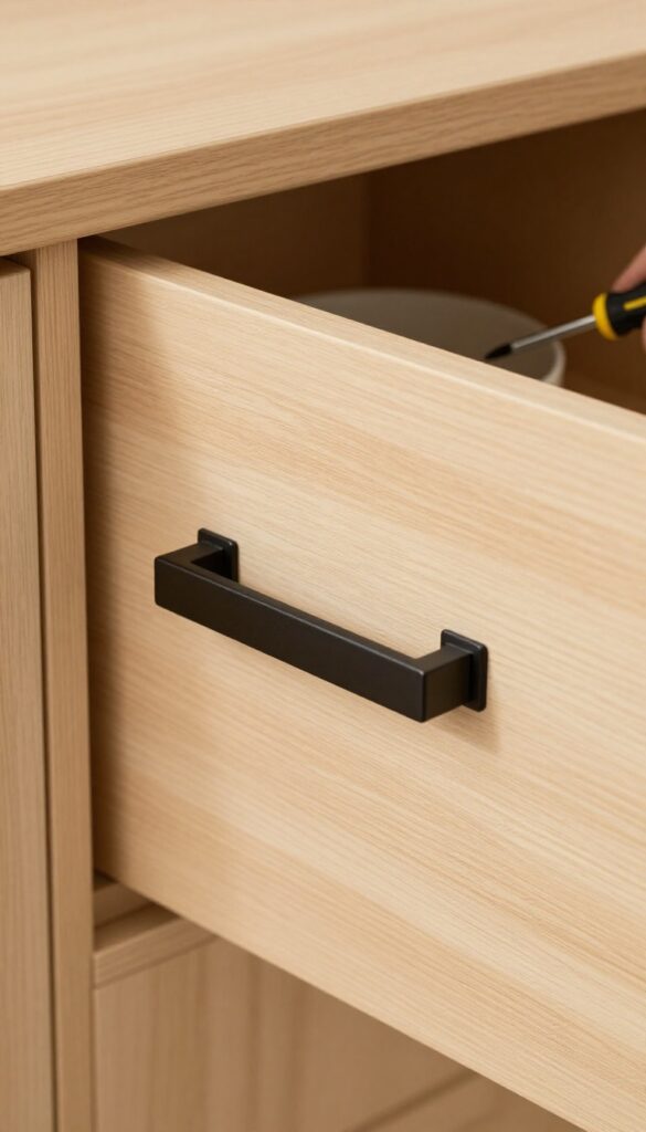 Close-up of a hand installing a matte black handle on a light wood kitchen cabinet with a screwdriver, bright natural light, photorealistic.