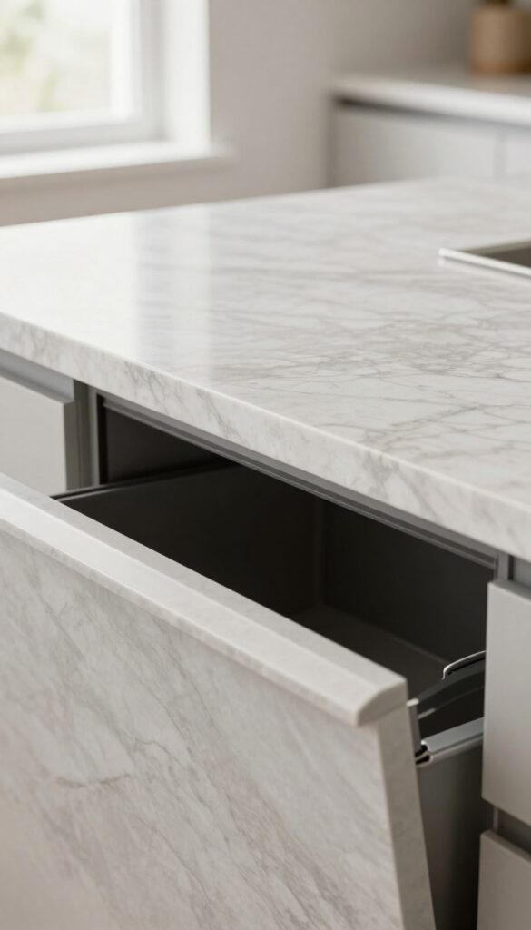 Marble-look kitchen island countertop with a flip-up trash chute, blending storage and elegance.
