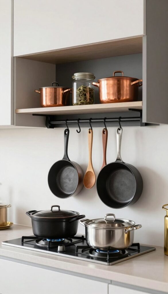 Modern kitchen with a wall-mounted pot rack holding pots, pans, and herbs, warm lighting.