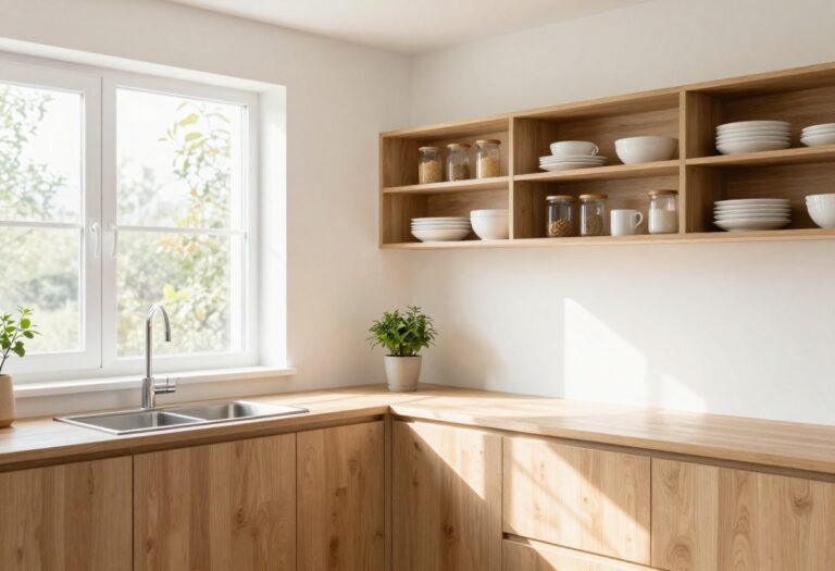 Bright kitchen with open shelving and neatly arranged white dishes and glass jars