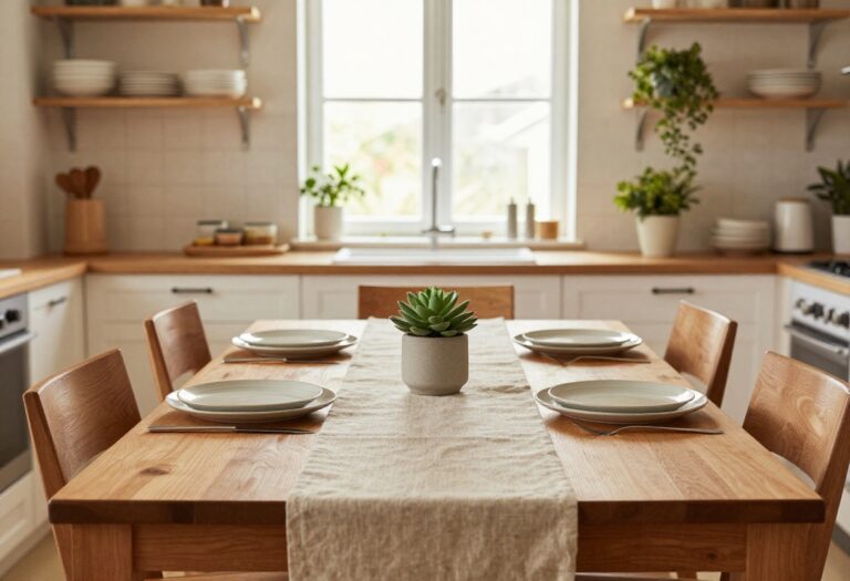 Cozy kitchen table with linen runner, ceramic plates, and succulent centerpiece in natural light