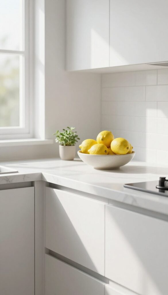 Clean and decluttered kitchen countertops with minimal decor in bright natural light