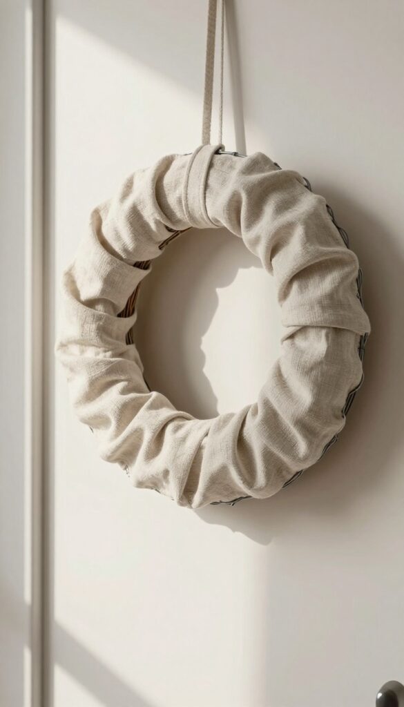 A wire wreath form with a removable linen fabric sleeve, partially slid off, hanging on a kitchen door in natural light.