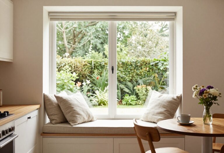 Cozy kitchen window seat with cushion and small table, natural light streaming in