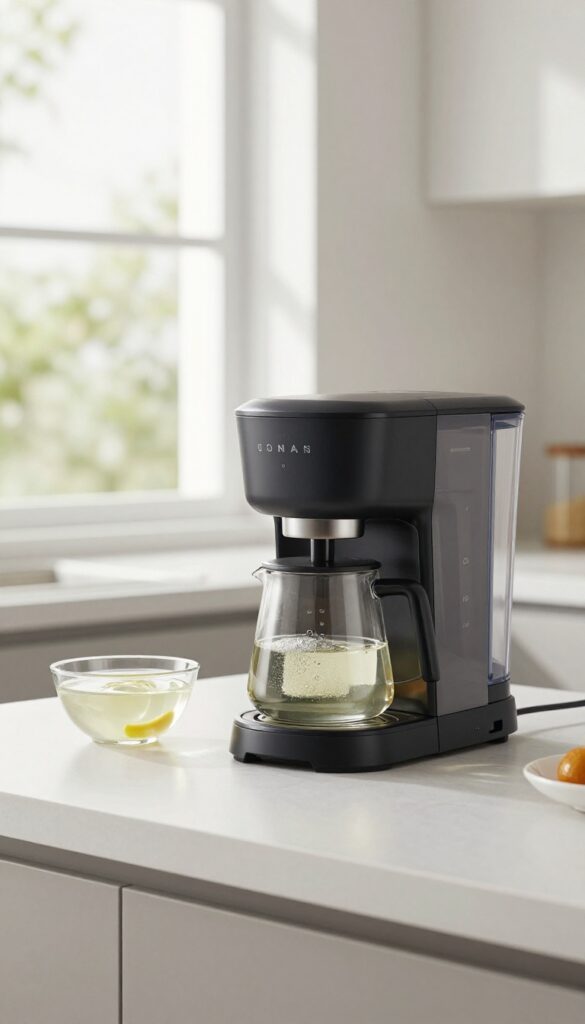 Coffee maker on kitchen counter with vinegar for descaling