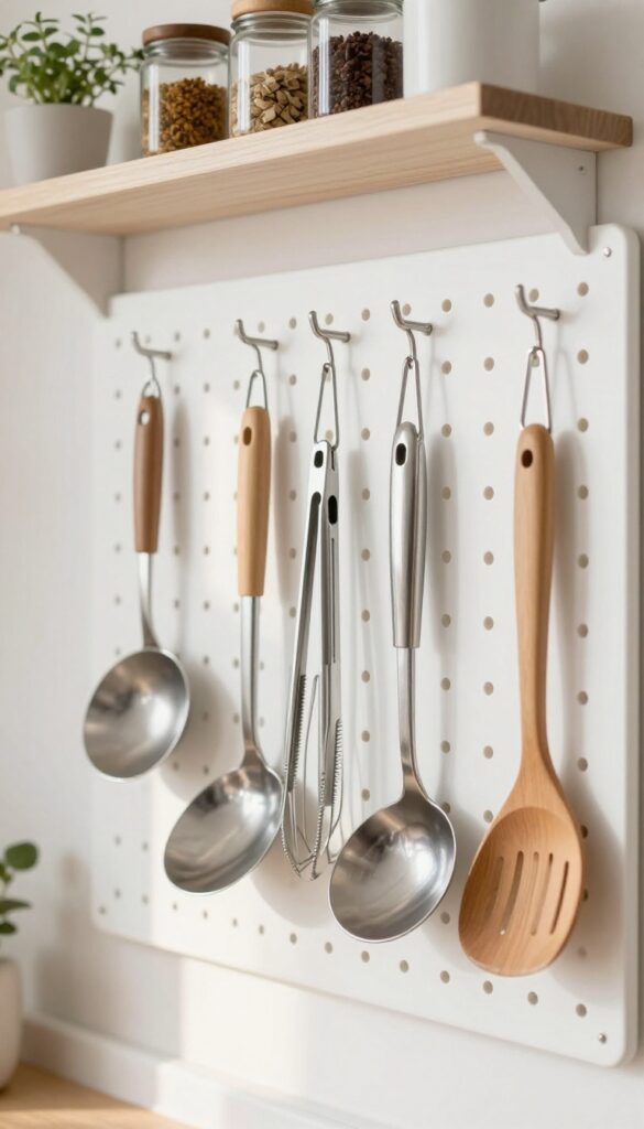 White pegboard with hooks and small shelves holding cooking utensils and spice jars in a bright kitchen.