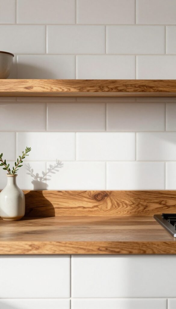 Close-up of a butcher block strip framed by white subway tile in a kitchen, with a small oil bottle and herbs on the ledge.