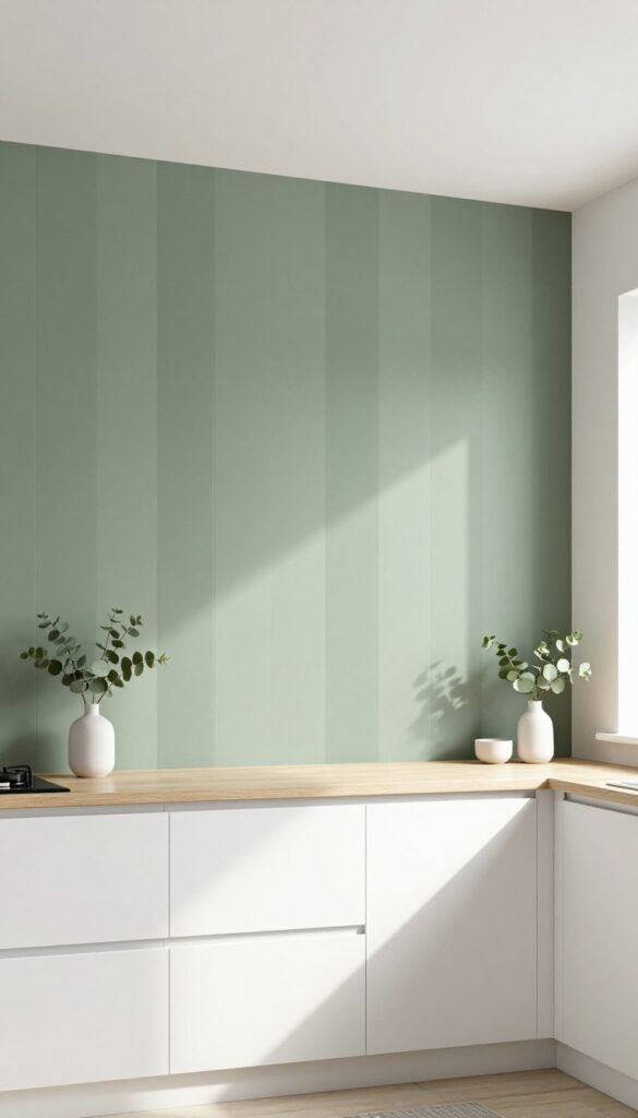 Small kitchen with vertical green stripes on an accent wall, white cabinets, and light wood shelves