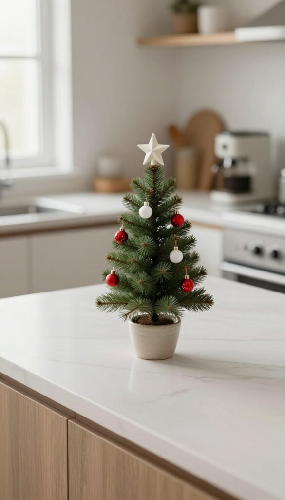 Small countertop Christmas tree decorated with tiny ornaments and a star topper in a bright kitchen