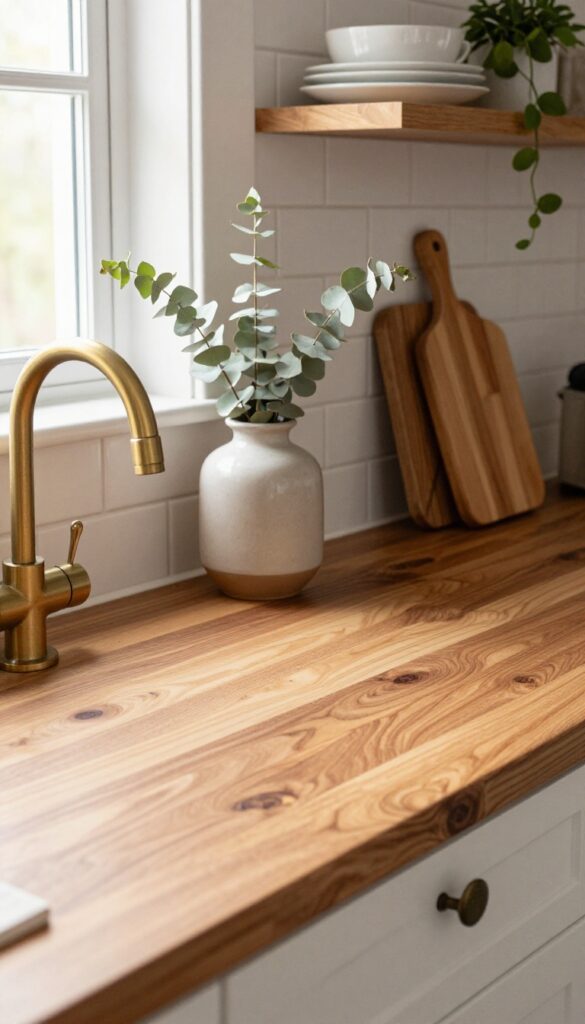 Butcher block counter with white subway tile backsplash, brass faucet, and open shelving in a cozy kitchen