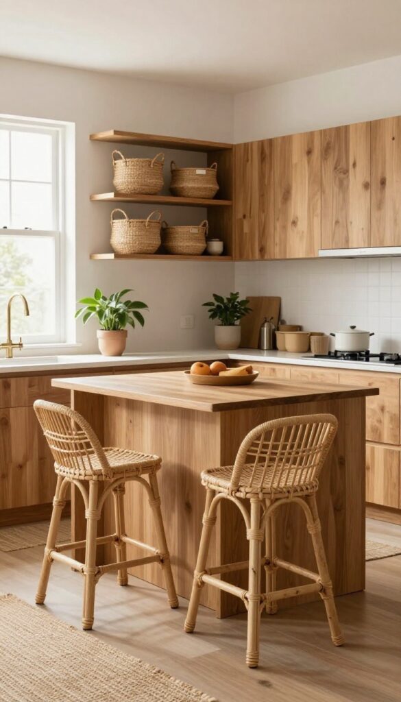 Warm oak kitchen with woven seagrass baskets on open shelves, rattan bar stools, jute rug, and a potted plant, bathed in natural light.
