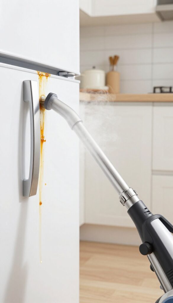 Steam cleaner nozzle emitting steam onto a greasy refrigerator shelf in a bright kitchen