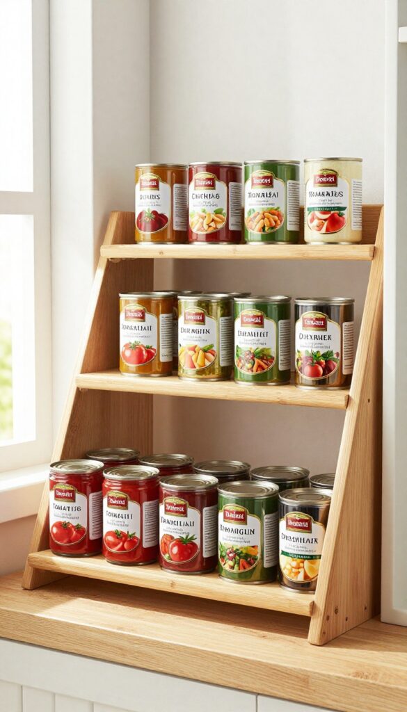 Tiered bamboo risers on a pantry shelf with neatly arranged cans, labels facing forward, in natural light.