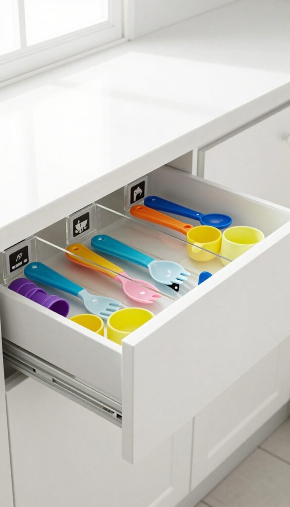 Open kitchen drawer with clear dividers and labeled sections for toddler utensils