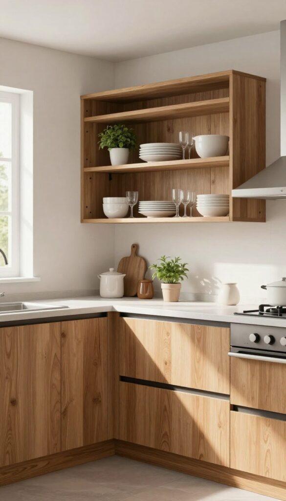 Small basement kitchen with open shelving, warm wood shelves, black metal brackets, dishes and plants, bright natural light.