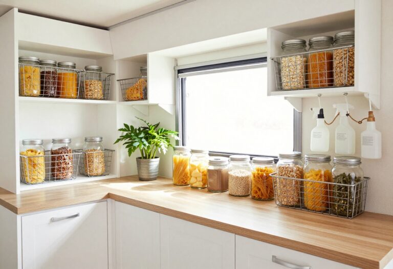 Bright and organized RV pantry with wire baskets, clear jars, and a tension rod, bathed in natural light.