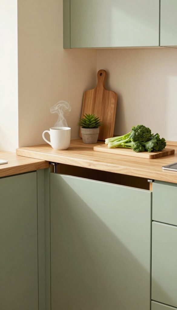 Fold-down counter extension in a camper kitchen with butcher block surface, coffee mug, and vegetables