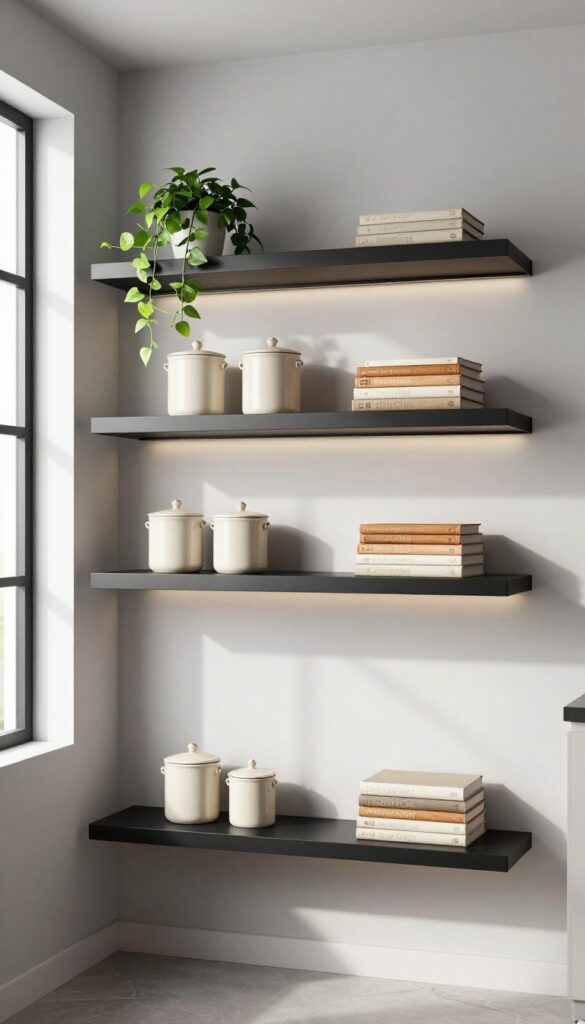 Open shelves with trailing pothos, ceramic canisters, and cookbooks flanking a bright bay window in a modern kitchen nook.