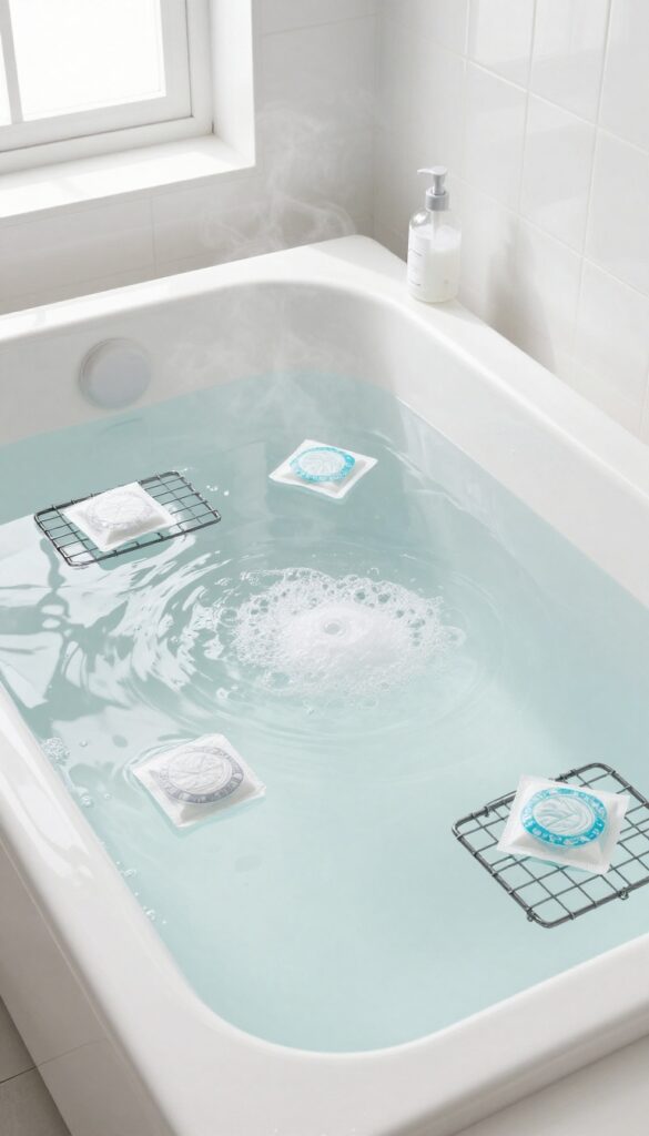 Oven racks soaking in a bathtub with dryer sheets to remove burnt grease