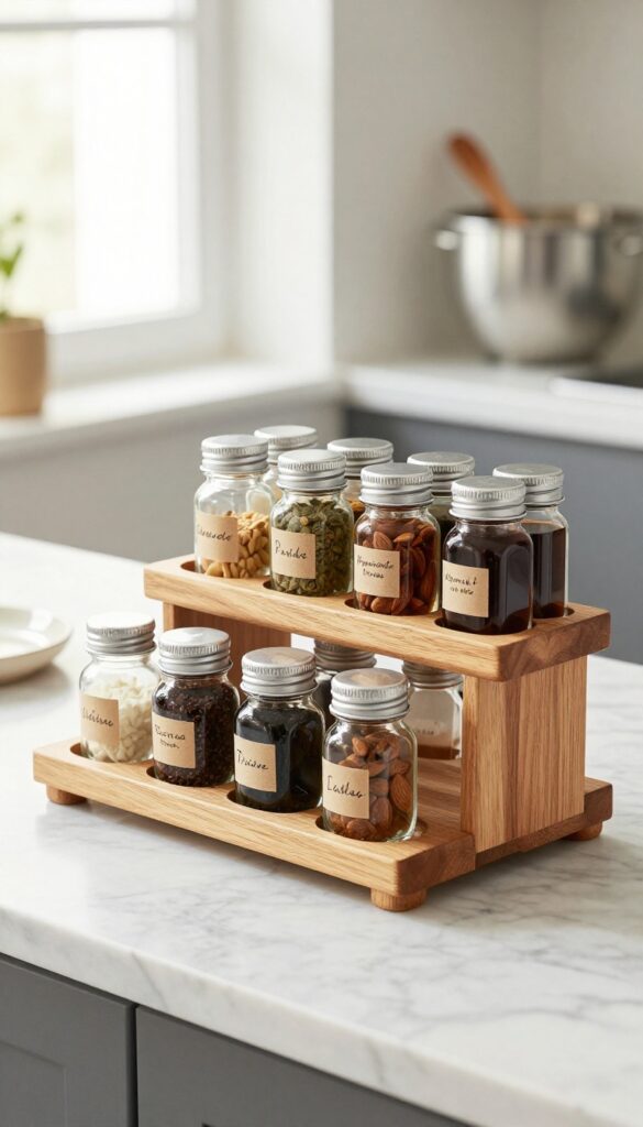 Tiered spice rack with vanilla, almond, and peppermint extract bottles on a marble countertop near a window.