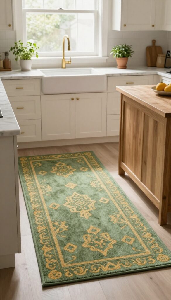 Green and gold patterned rug in a bright kitchen with white cabinets, brass hardware, and natural light.