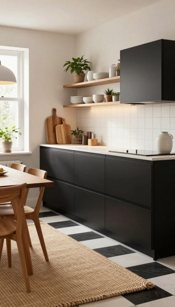 Modern kitchen with black cabinets, checkered floor, woven rug, wooden table, and open shelving