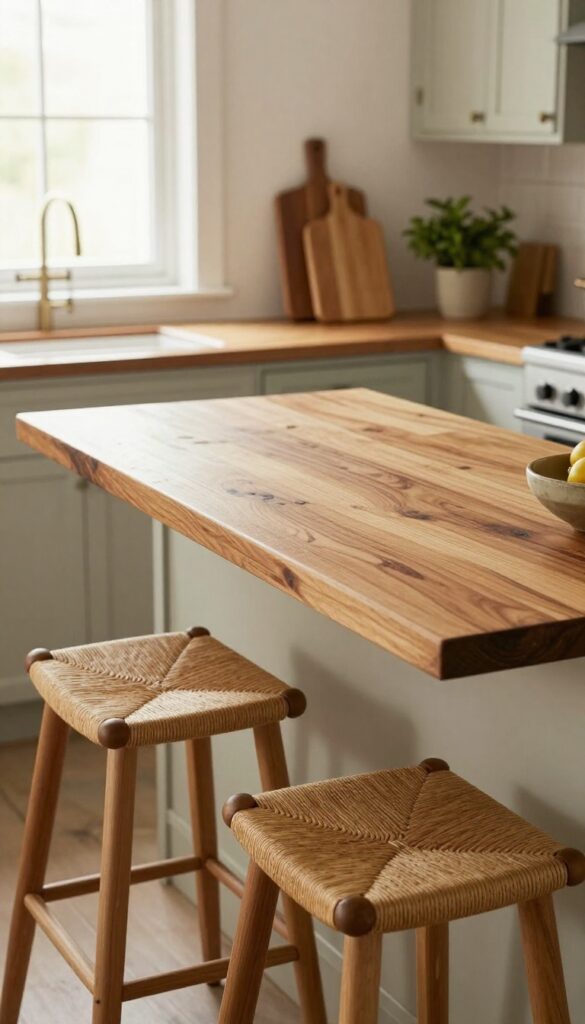 Kitchen peninsula with butcher block countertop and bar stools, warm natural light, lived-in feel