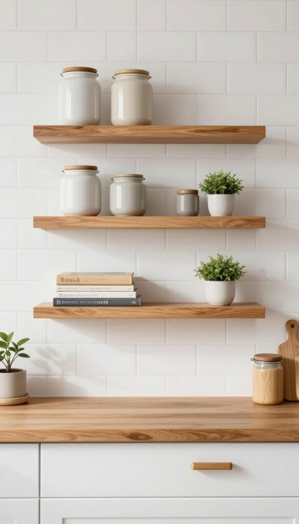 White subway tile backsplash with warm oak floating shelves styled with ceramic jars, plant, and cookbooks.