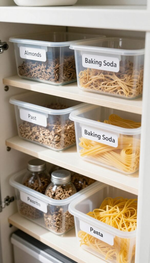 RV pantry with labeled clear and white bins on shelves, natural light, clean and airy feel