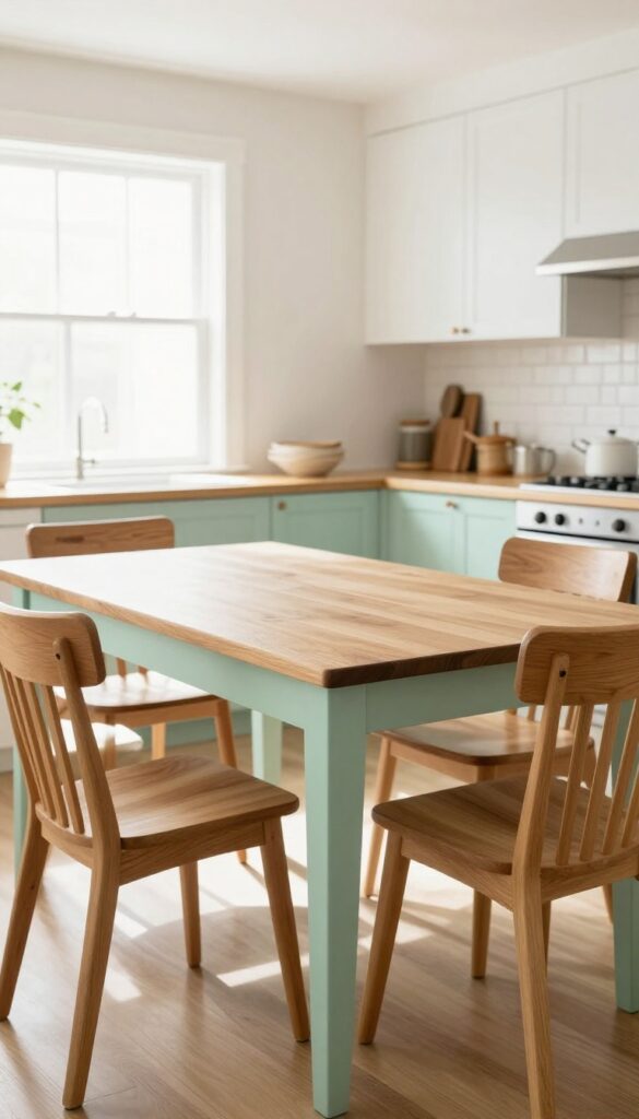 Two-tone kitchen table with natural wood top and soft mint green painted base, surrounded by simple wooden chairs, in a bright and airy breakfast nook