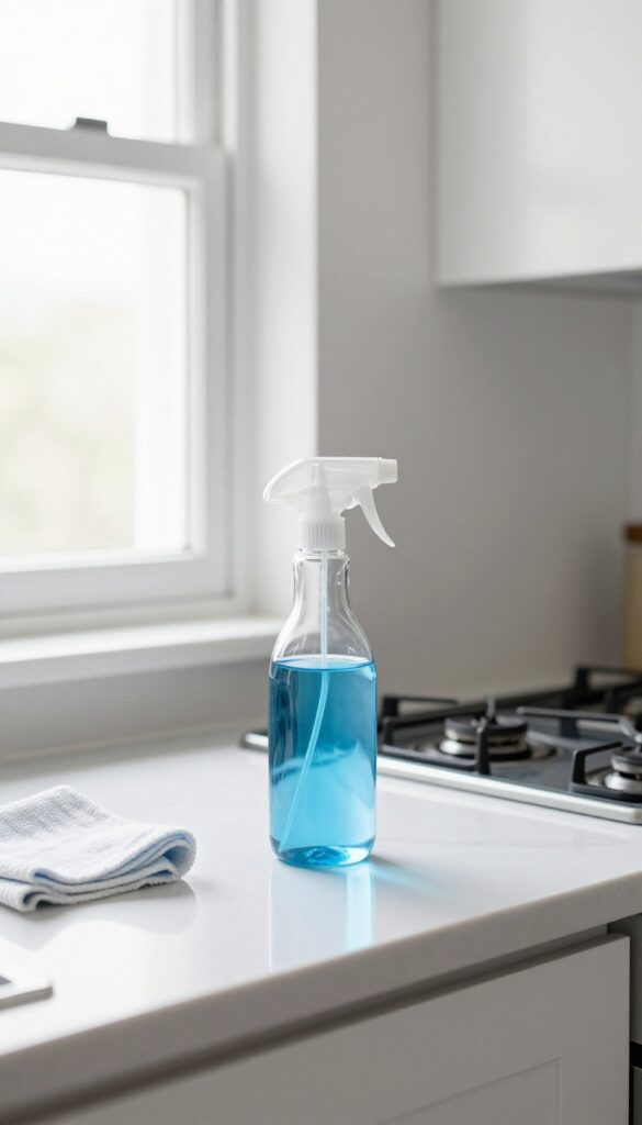 Glass cleaner bottle and microfiber cloth on a kitchen counter with a streak-free window and mirror in the background.