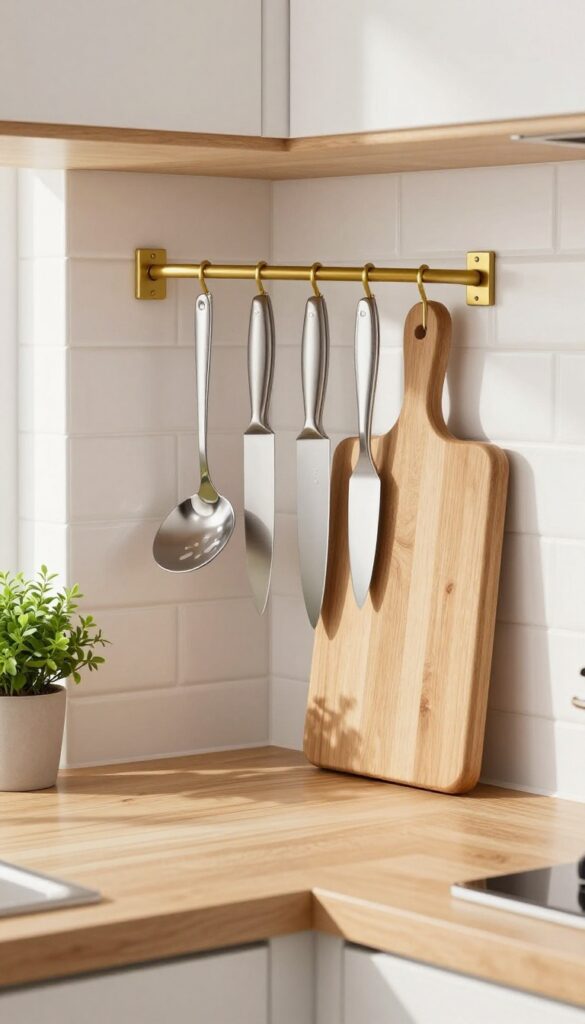 Close-up of a wall-mounted magnetic strip in a warm brass finish holding knives and utensils in a kitchen corner, with natural light and a clean countertop.