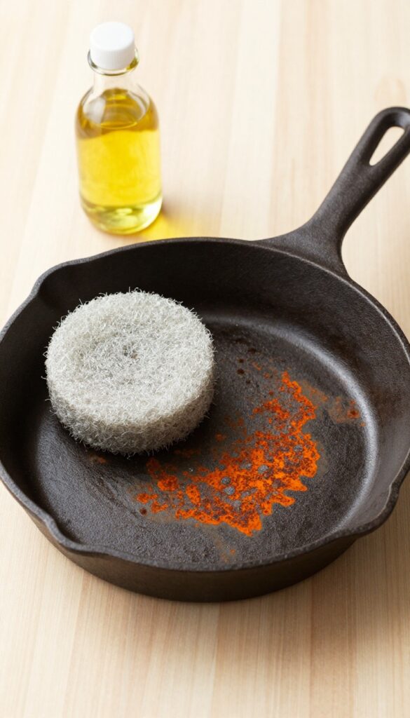 Cast iron skillet with rust being cleaned using steel wool and oil