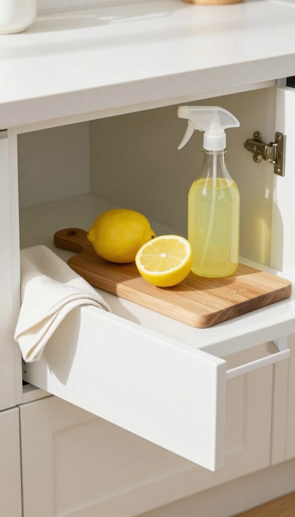 Lemon juice and water spray bottle on a kitchen counter next to a cut lemon and a damp cloth, with a clean white cabinet door in the background.