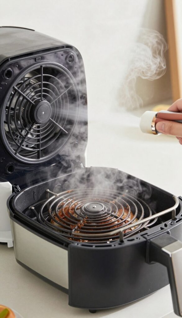 Handheld steam cleaner blasting steam at the greasy heating coil inside an open air fryer on a kitchen counter