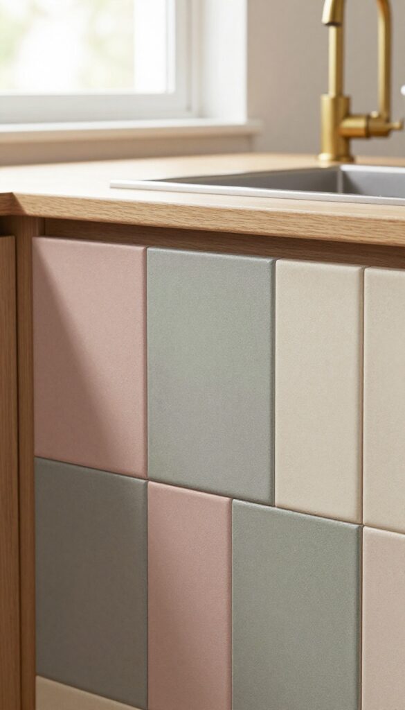 Geometric cement tiles in muted earthy colors on a kitchen backsplash, with warm wood cabinets and brass fixtures, natural light.